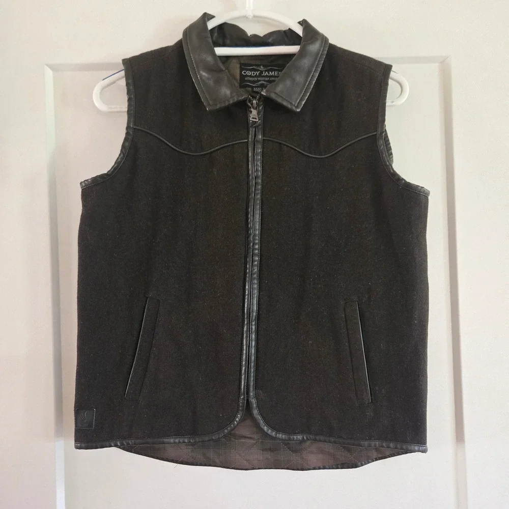 Cody James Vest Boys XL Brown Wool Blend Western Vest Faux Leather Trim CBFA19V7